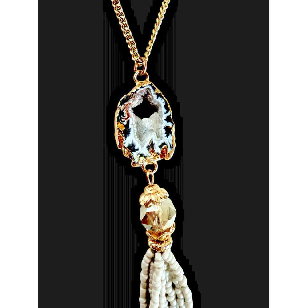 Contemporary Artisan Geode Slice Necklace with Interior Druzy, Hand Beaded 32"